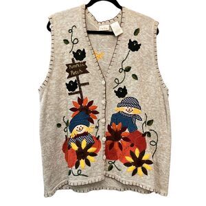 Vintage Bobbie Brooks woman embroidered and beaded fall scene sweater vest